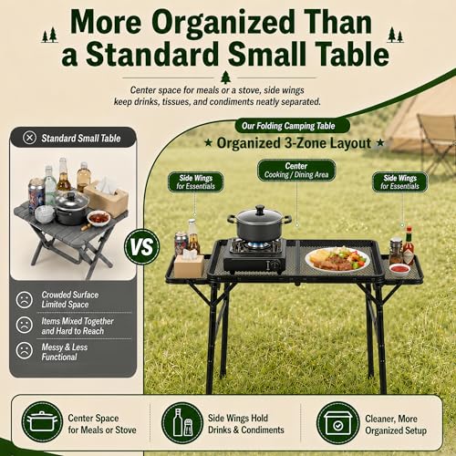 2.5 FT Picnic Table with 2 Wing Panels, Mesh Metal Folding Grill Table Height Adjustable & Lightweight & Portable Table for Outdoor Indoor Camping, Picnic, Beach and BBQ, RV - size: Extended Size