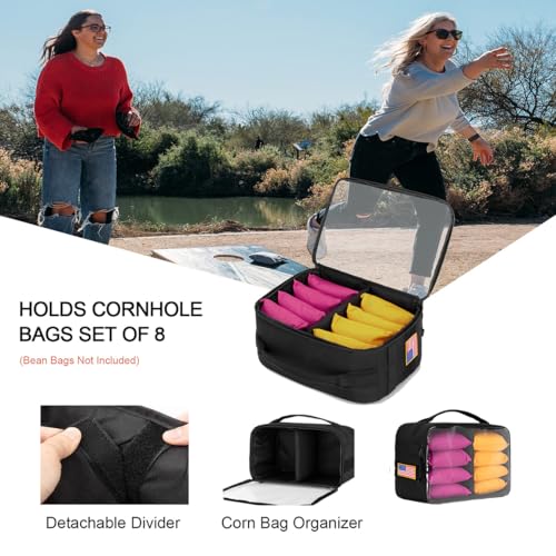 Cornhole Bags Carrying Case Holds Up to 8 Bags, Cornhole Bean Bags Carry Bag Holder with Padded Divider, Flag Patch Area and Portable Handle,Holder for Cornhole Game Enthusiast (Bag Only)