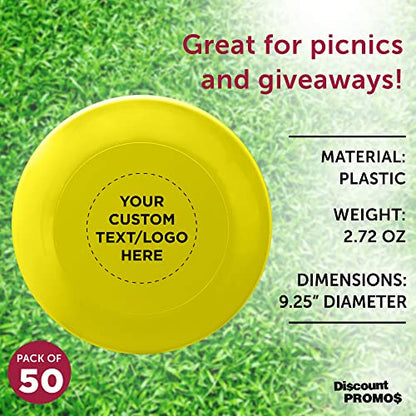 DISCOUNT PROMOS Frisbee Flying Discs in Bulk, 9.25 in. Fun Family Beach Game - color: - Custom - Yellow, size: 50 flying discs