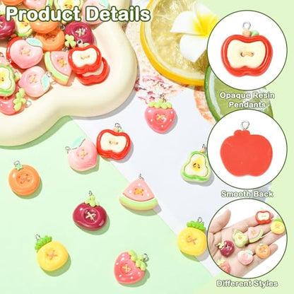 Stiesy Resin Fruit Charms 32Pcs, Imitation Button Pendants with Loop, Apple Strawberry Watermelon Pineapple Pear Peach Shape Charms for Jewelry Making, DIY Craft Supplies and Keychain Making - color: Fruit-8 Styles-32pcs