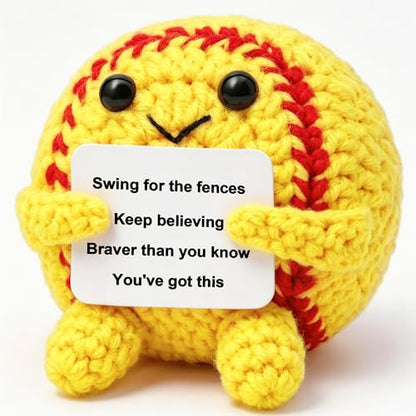 OkiyiD Mini Positive Yellow Softball Crochet Ornament – Knitted Wool Ball with Inspirational Card, Emotional Support Desk Decor for Women College Students, Stress Relief Gift for Graduation Birthday - style: yellow softball