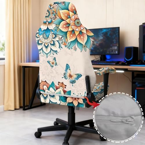 Butterfly Print Gaming Chair Covers Boho Mandala Flower Print Gamer Chair Cover Set with 2 Armrest Covers for Swivel Rotating Chairs, Machine Washable - color: Brown - Butterfly Boho Mandala Flower