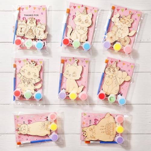Saypacck 24 Pcs Cat Party Favors Wooden Painting Craft Kits Birthday Party Supplies with Organza Bag for Goodie Bags Fillers Adult Thank You Gifts - style: Cat