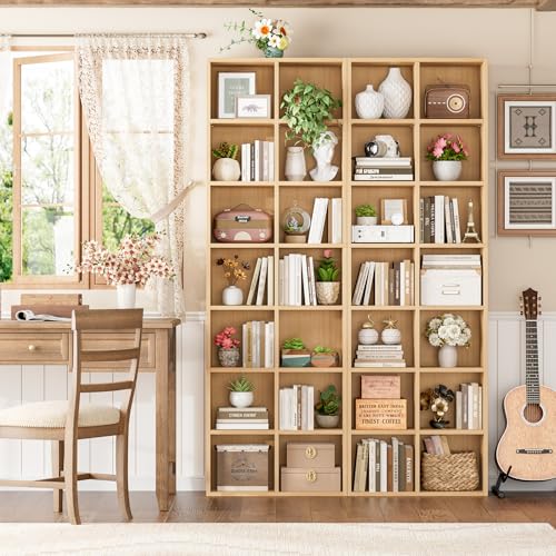 FOTOSOK 71'' Tall Bookshelf with 14 Cubes, 7 Tier Double Wide Wood Bookshelf with 6 Adjustable Shelves, 19.6" Narrow Bookcase DVD/CD Media Storage, Space Saving Display Shelf Cabinet, Natural - color: Natural