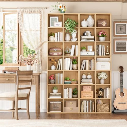 FOTOSOK 71'' Tall Bookshelf with 14 Cubes, 7 Tier Double Wide Wood Bookshelf with 6 Adjustable Shelves, 19.6" Narrow Bookcase DVD/CD Media Storage, Space Saving Display Shelf Cabinet, Natural - color: Natural