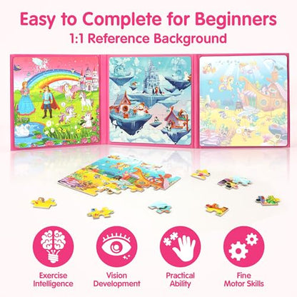 SYNARRY Unicorn Princess Mermaid Magnetic Puzzles for Toddlers 3-5, 36 Pieces Travel Puzzles for Kids Ages 4-8, Easter Basket Stuffers Gifts for Kids, Car Airplane Road Trip Activities Toys - style: Princess Mermaid