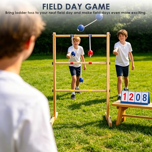 Ladder Ball Set with 2 Ladders 6 Bolas and Scoreboard Lawn Game Ladder Toss Outdoor Ladder Toss Game Set Wood Ladder Ball Set