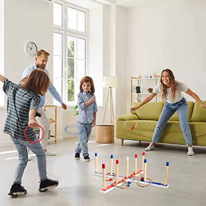 Indoor Outdoor Toys Games Upgraded Large Wooden Ring Toss Game Yard Games for Kids, Lawn Outdoor Games for Family with 10 Plastic Ring and 10 Ropes,1 Carry Bag