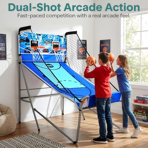 Heavy Duty Dual Hoop Basketball Shootout Indoor Home Arcade Room Game with Double Basket Ball Shot Scoreboard and Play Timer Fold-up for Kids and Adults Player with Pre-Assembled Frame