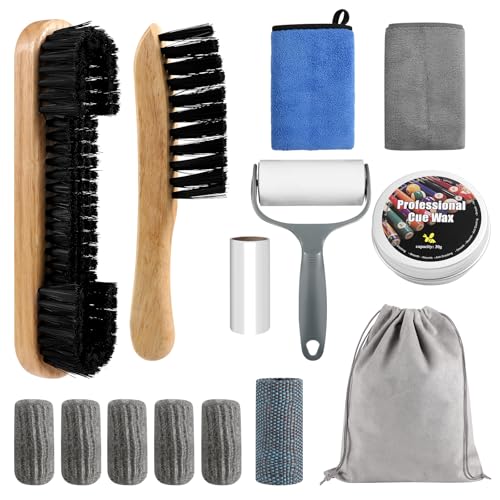 Pool Table Brush Set, 14pcs Billiard Table Felt and Cue Cleaning Accessories with 2 Wooden Brushes, Cue Cleaning Cloth, Ferrule Polish Cloth, Shaft Wax, Towel Burnisher and Sticky Lint Roller