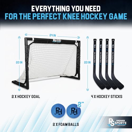 Premier Sports Mini Hockey Set – Complete 4-Player Indoor Kit with (2) Mini Goals, (4) Mini Sticks, and (2) Foam Balls