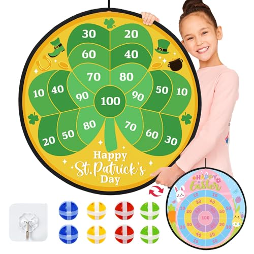 Percozzi St. Patrick Day Dart Board Game for Kids with Sticky Balls Shamrock Egg Themed Party Decorations Indoor Outdoor Double Sided Toss Game 28' for Boys Girls