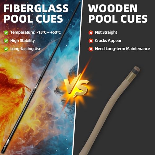 AKLOT Fiberglass Graphite Composite 4 Billiard Pool Cue Sticks 20oz 58inch 13 MM Cue Tip One-Piece Pool Cue Low-Deflection Billiard Cue for Home & Bar Play