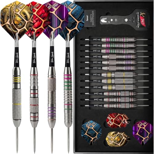 Steel Tip Darts, 12 Pack, 4 Weights, Multi-Zone Grips, Urban Legends | 1.4in TwinForce shafts, 32 GlideXPro flights, 12 flight protectors, sharpener, wrench, magnetic gift box, 10-yr warranty - color: Miami Breeze