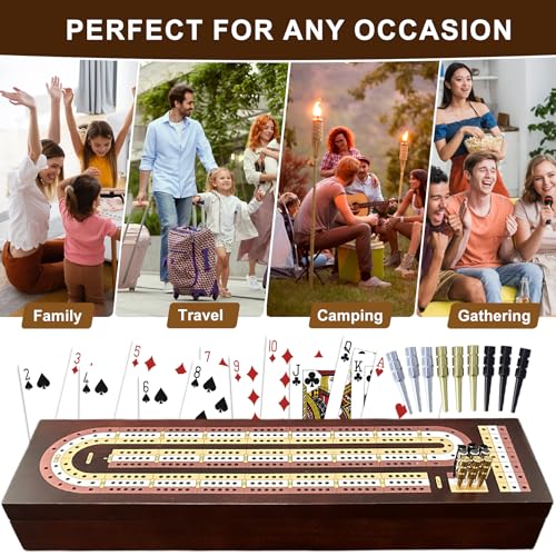Cribbage Board Game Set, Premium Wooden Board with Magnetic Lock and Built-in Storage, 2 Playing Cards & 9 Metal Pegs, 3 Track Board for 2–3 Player, Travel Portable Game for Adults and Family - size: Classic