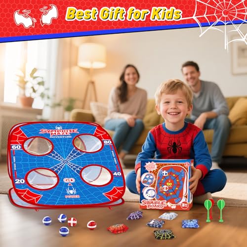 4-in-1 Spider Bean Bag Toss Game for Kids, Kids Cornhole Game Set Indoor Outdoor Toys for Boys Girls Ages 3-8, Football Toss Sticky Ball Dart Game, Backyard Lawn Beach Birthday Party Gift