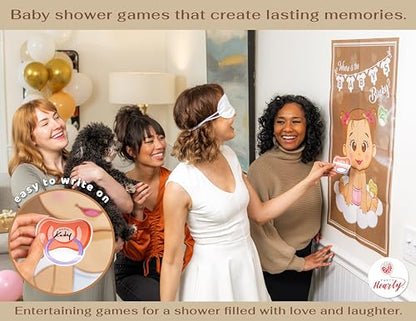 Party Hearty Pin the Pacifier on the Baby, Baby Shower Game - Kraft Girl | 1 Large Poster, 56 Colorful Binky Stickers, 1 Blindfold & Double-Sided Tape - color: Girl Kraft - Pin the Binky