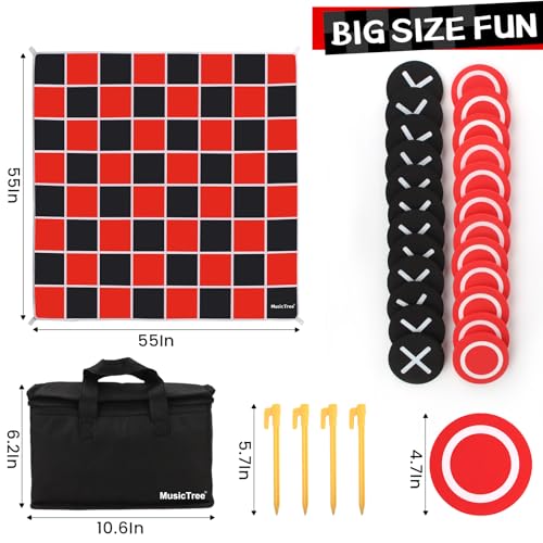 2 in 1 Giant Checkers & Large Tic Tac Toe Game Set (4.6ft x 4.6ft), Jumbo Checkers Outdoor Lawn Games with Chess Board Mat & 4 Ground Stakes, Giant Indoor Outdoor Games for Kids, Yard, Camping Party