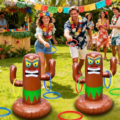 27" Inflatable Luau Tiki Pool Toss Games, Tiki Pool Ring Toss Toys with 4 Rings for Adults Indoor Outdoor Tropical Summer Swimming Inflatable Bean Bags Toss Hawaiian Luau Party Supplies - color: Inflatable Tiki Pool Ring Toss