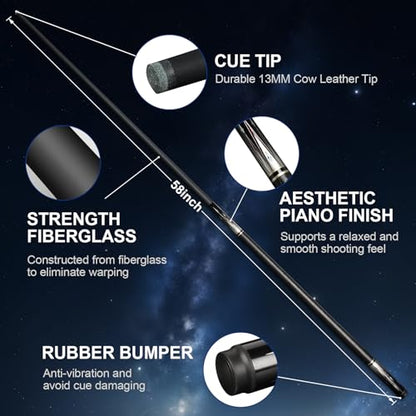 AKLOT Fiberglass Graphite Composite 2 Billiard Pool Cue Sticks 20oz 58inch 13 MM Cue Tip One-Piece Pool Cue Low-Deflection Billiard Cue for Home & Bar Play