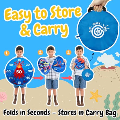 Grip Kids Ocean & Volcano Theme Double-Sided Dartboard Target Game – 26" Large Dart Board with Sticky Balls & Jellyfish Toss Balls, Indoor/Outdoor Fun Party Game Toy for Kids Ages 3–12