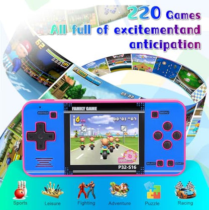 Handheld Game for Kids ，Built-in 220 32-bit Video Games, 3.0” IPS Screen, Rechargeable Portable Game , Travel Mini Arcade Electronic Toys Gift for Boys and Girls (Pink+Blue) - color: Pink+blue