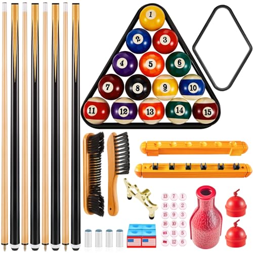 Jenaai 37 Pcs Pools Table Accessories Set Billiard Pool Balls with Triangle Diamond Ball Holder Cue Chalks Pools Cue Tip Pool Sticks Brush for Beginners, Billiards Hall, Family, Birthday Gift