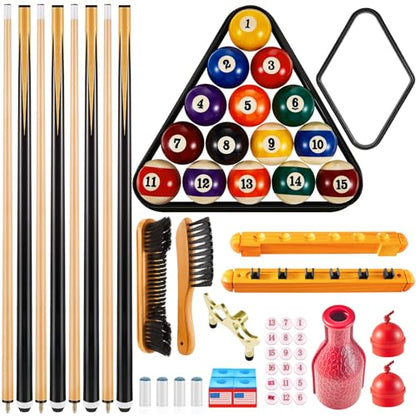 Jenaai 37 Pcs Pools Table Accessories Set Billiard Pool Balls with Triangle Diamond Ball Holder Cue Chalks Pools Cue Tip Pool Sticks Brush for Beginners, Billiards Hall, Family, Birthday Gift