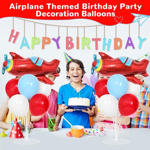 Airplane Birthday Party Balloons Stand Kit 2 Sets with 2 Plane Helicopter Foil Balloons Red Blue White Balloon Centerpiece for Tables for Adventure Time Flies Birthday Baby Shower Party Decoration - style: Airplane