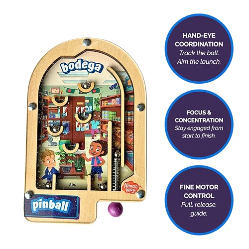 Upbounders® Alma’s Way™ Bodega Wooden Pinball – Pocket-Size Wooden Travel Pinball Toy for Kids 3+ – Neighborhood Shop Pretend Play