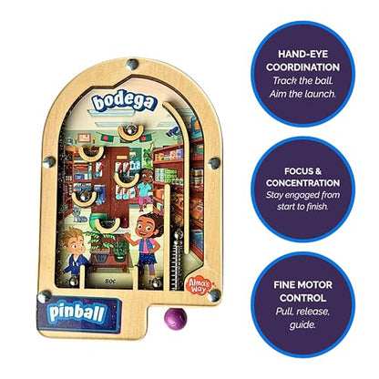 Upbounders® Alma’s Way™ Bodega Wooden Pinball – Pocket-Size Wooden Travel Pinball Toy for Kids 3+ – Neighborhood Shop Pretend Play