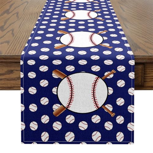 Erosebridal Cartoon Baseball Table Runner,Sports Ball Game Table Runners,Athletic Sport Lover Rectangular Runner Tabletop Decor,Blue White,13x72 Inch - size: 13" X 72"