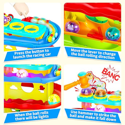 Funwee 2-in-1 Light Up Rolling Ball & Racing Car Ramp Toddler Toy, Race Track Hammer Ball Drop Toys, Interactive Montessori Learning Game for Kids 1-5+ Year Old Girl Boy Gift(Yellow) - color: Yellow