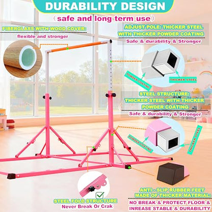 Marfula Gymnastic Bar For Kid and Teenage of 3-25, 5Ft/8 FT Base Length 4Ft Width 5Ft Adjust Height, Gymnastic Kip Bar For Gymnast, Gymnastic Training Equipment For Professional Training Home Club Use - color: Pink(5 Ft Base)