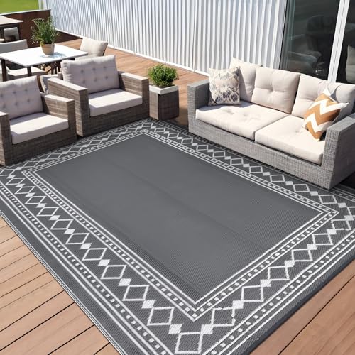 GarveeHome Outdoor Rug 8x10 Waterproof Patio Rugs Modern Bordered Reversible Mat for Front Door Rv Foldable Plastic Straw Carpet for Travel Trailers, Deck, Picnic, Porch, Camper, Balcony, Beach, Grey - color: Charcoal Gray & White, size: 8' x 10' (Rectang