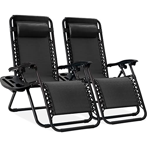 Best Choice Products Set of 2 Adjustable Steel Mesh Zero Gravity Lounge Chair Recliners w/Pillows and Cup Holder Trays - Black - color: Black, size: Standard
