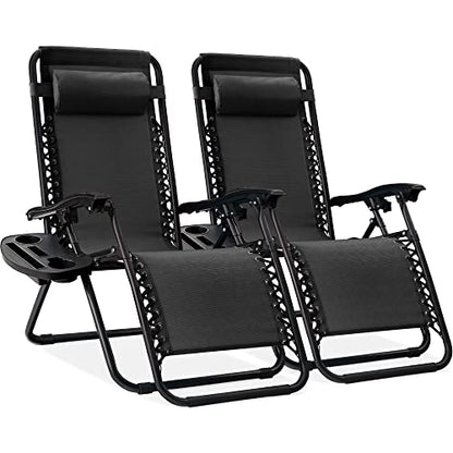 Best Choice Products Set of 2 Adjustable Steel Mesh Zero Gravity Lounge Chair Recliners w/Pillows and Cup Holder Trays - Black - color: Black, size: Standard