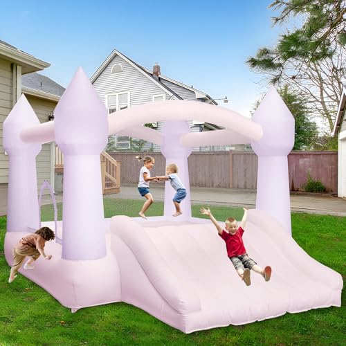 AKSPORT Inflatable Bounce House,White Castle Bounce House for Kids 3-6 Indoor & Outdoor Inflatable Bouncer House with Slide & Air Blower & Balloons for Kids Birthday Party,Wedding Party - style: 11.97x8.98x7.15ft-pink