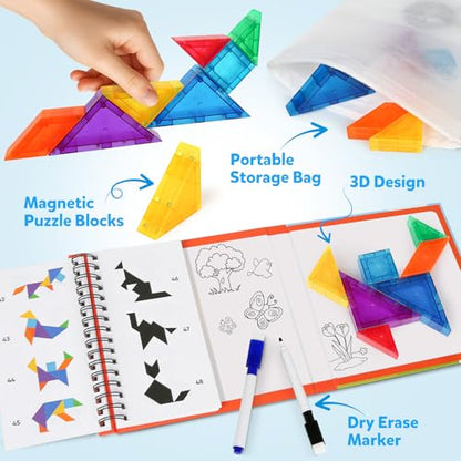 Magnetic Tangram Puzzle with 3D Building Blocks, Road Trip Essentials Travel Tangram with 400 Solution Montessori Travel Toys for Kids Magnetic Puzzles Brain Teasers Gifts for Kids Adults - style: 400 Solution