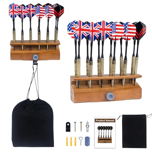 Extguds Wooden 2 In 1 Dart Holder,Can Hold 12 Steel or Soft Tip Darts Dispaly,Wall Mount or Tabletop Display,Including Holer+Hook+Wrench+Sharpener+Portable Bag,Perfect for Displaying Your Darts