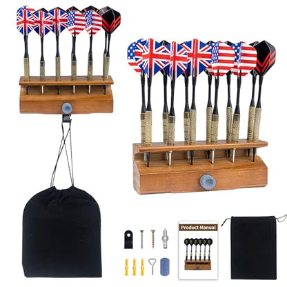Extguds Wooden 2 In 1 Dart Holder,Can Hold 12 Steel or Soft Tip Darts Dispaly,Wall Mount or Tabletop Display,Including Holer+Hook+Wrench+Sharpener+Portable Bag,Perfect for Displaying Your Darts