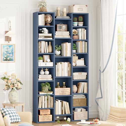 FOTOSOK 71'' Tall Bookshelf with 21 Cubes, 8 Tier Triple Wide Bookshelf with 8 Adjustable Shelves, 35" Large Bookcase DVD/CD Media Tower Storage, Freestanding Display Shelf Cabinet, Blue - color: Blue