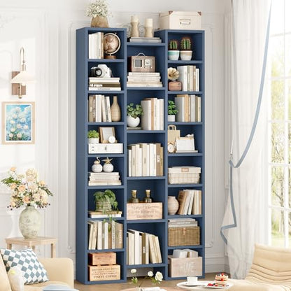 FOTOSOK 71'' Tall Bookshelf with 21 Cubes, 8 Tier Triple Wide Bookshelf with 8 Adjustable Shelves, 35" Large Bookcase DVD/CD Media Tower Storage, Freestanding Display Shelf Cabinet, Blue - color: Blue