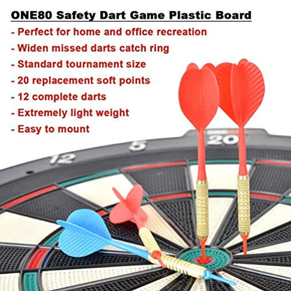 ONE80 Dartboard 18' Plastic Board with 12 Soft Tip Darts, 20 Extra Tips, Mounting Kit - style: S Dartboard I
