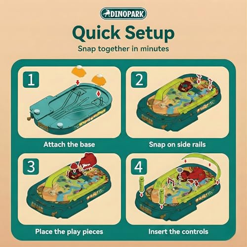 Dino Pinball Machine — Tabletop Arcade Game with Obstacles, Pull-Rod Launcher, Flippers, Dinosaur Targets & Scoring Zones, 1-2 Player Mini Pinball for Kids Ages 3+ - style: Dino Pinball