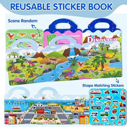 2 Sets Reusable Sticker Book for Kids, Puffy Jelly Stickers for Toddlers, Travel Essentials Craft Activities Toys for Boys Birthday Gifts - Dinosaur & Vehicles - color: 2 Sets - Dinosaur/Vehicles