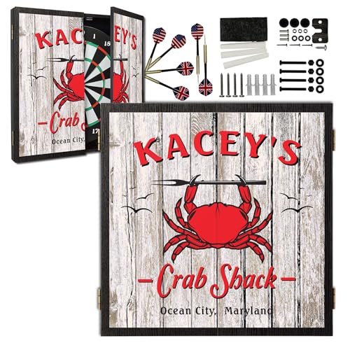 Personalized Dart Board Cabinet Set with 6 Steel Tip Darts, Paper Dartboard, Chalk & Eraser (21.5 x 21.5 x 2.75) - Man Cave Dart Boards for Adults - style: Crab Shack