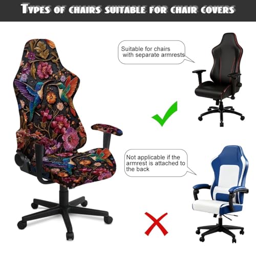Hummingbird Print Gaming Chair Covers with Armrest Covers Retro Flower Print Computer & Gaming Chair Slipcover Universal Fit Office Desk & Racing Computer Gamer Chairs - color: Brown and Multi - Hummingbird Retro Flower