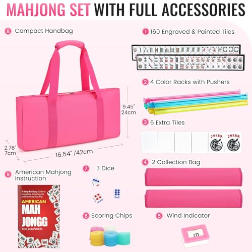 American Mahjong Tile Set,166 White Tiles Mahjong Set,4 Colors Mahjong Racks,Travel Mahjong Set with Pink Carrying Bag - style: Pink Bag