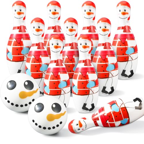 Libima 12 Pcs Christmas Bowling Set Santa Claus Snowman Bowling Set 10 Soft Foam Bowling Pins 2 Bowling Balls Set Toy Bowling Set for Game Indoor Outdoor Xmas Party Supplies - color: White, style: Snowman